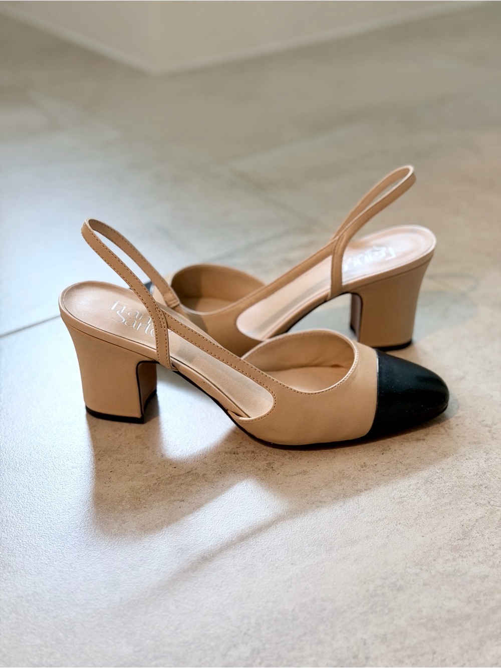 Franco Sarto Imogen Slingback Cap Toe Block Heel Pumps Nude Black Leather 7.5